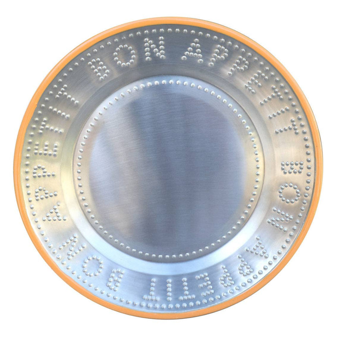 Metallic plate with orange trim and engraved text "Bon Appetit" on a white background
