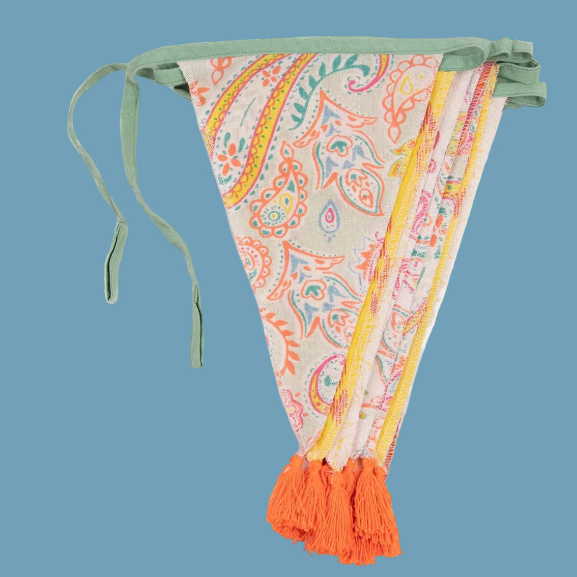 bunting flags with paisley pattern and orange tassels on a blue background