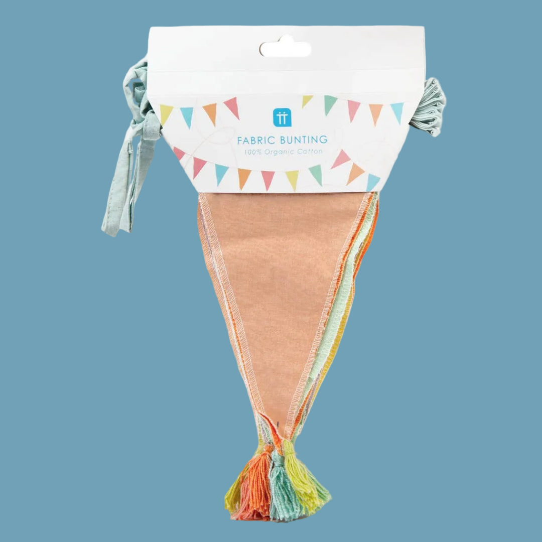 Colorful organic cotton pastel bunting with tassels on a white background