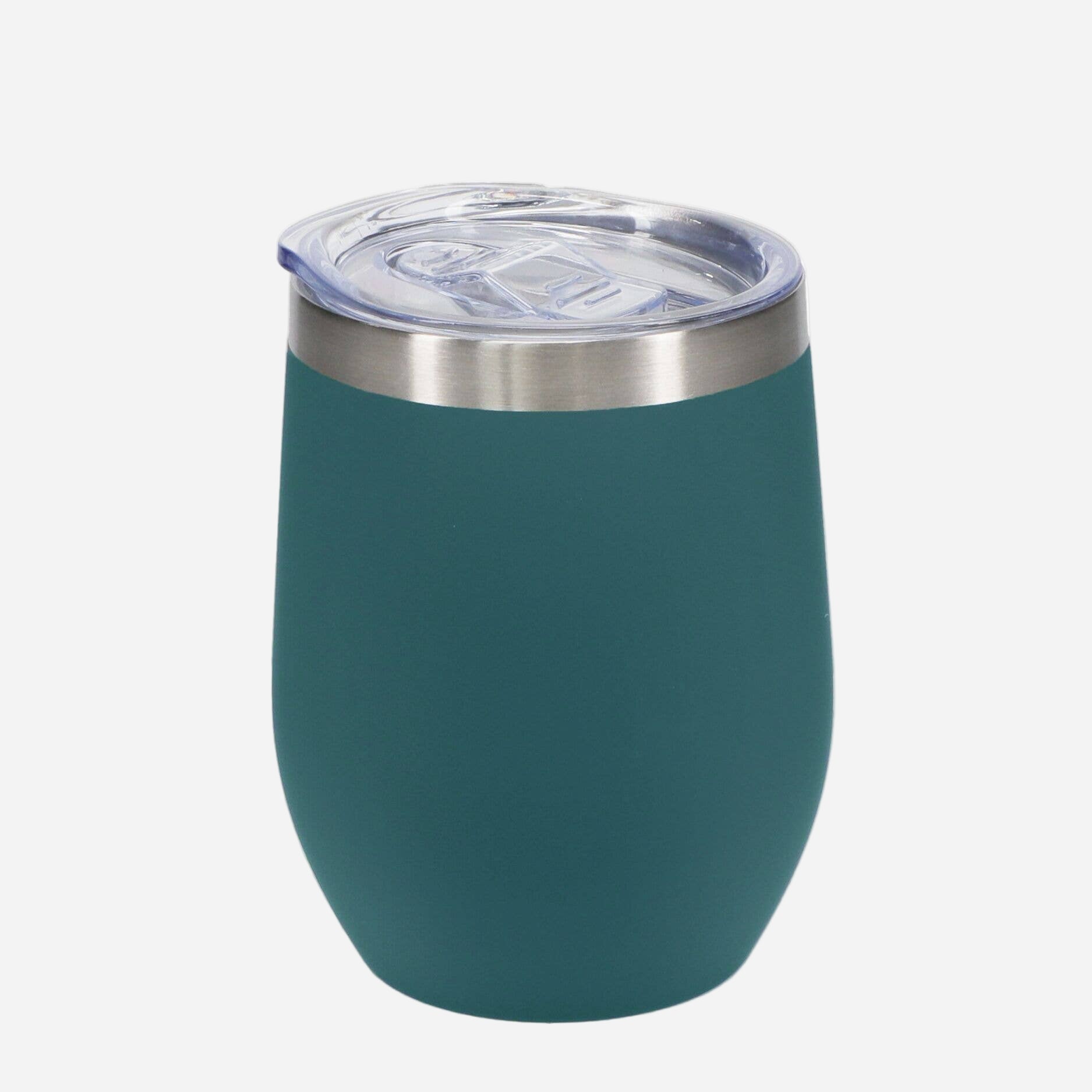 petrol blue tumbler with a stainless steel rim and a plastic lid on a light grey background