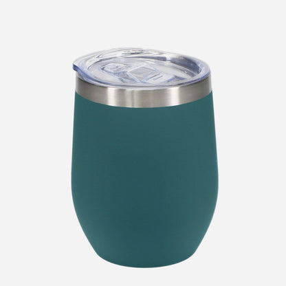 petrol blue tumbler with a stainless steel rim and a plastic lid on a light grey background