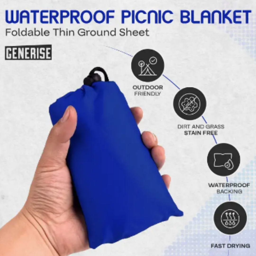 handheld blue drawstring bag containing waterproof picnic blanket or thin ground sheet.