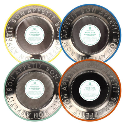 Four round metal plates with 'Bon Appetit' text on a white  background