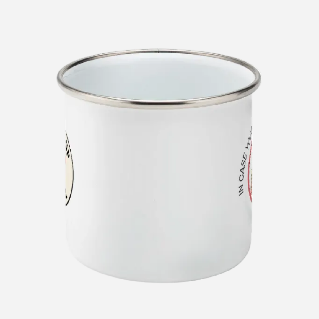white camping mug with Pitch Up and Chill logo, pictured from side