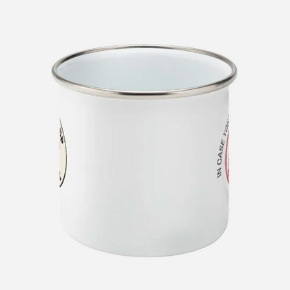 white camping mug with Pitch Up and Chill logo, pictured from side