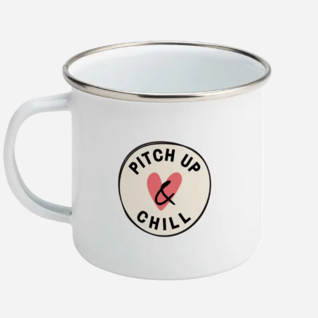 white camping mug with Pitch Up and Chill logo, handle to left (when facing)