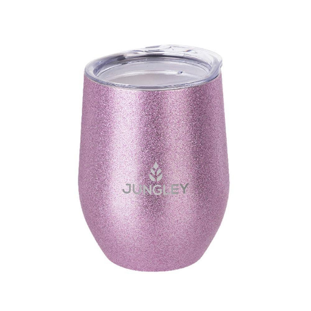 A pink glitter insulated stemless tumbler with a clear plastic lid, featuring the JUNGKEY brand name and logo printed on the front, set against a plain white background.