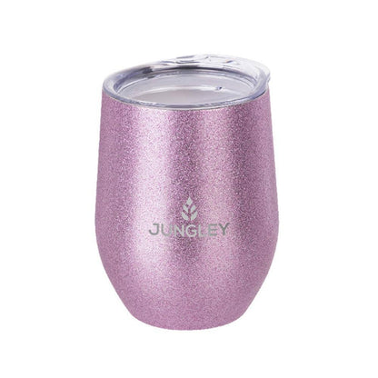 A pink glitter insulated stemless tumbler with a clear plastic lid, featuring the JUNGKEY brand name and logo printed on the front, set against a plain white background.