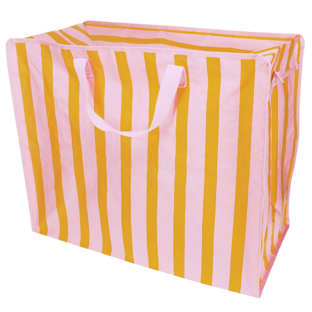 Striped storage bag with pink and orange vertical stripes on a white background
