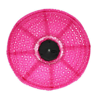 Pink solar lantern seen from below.