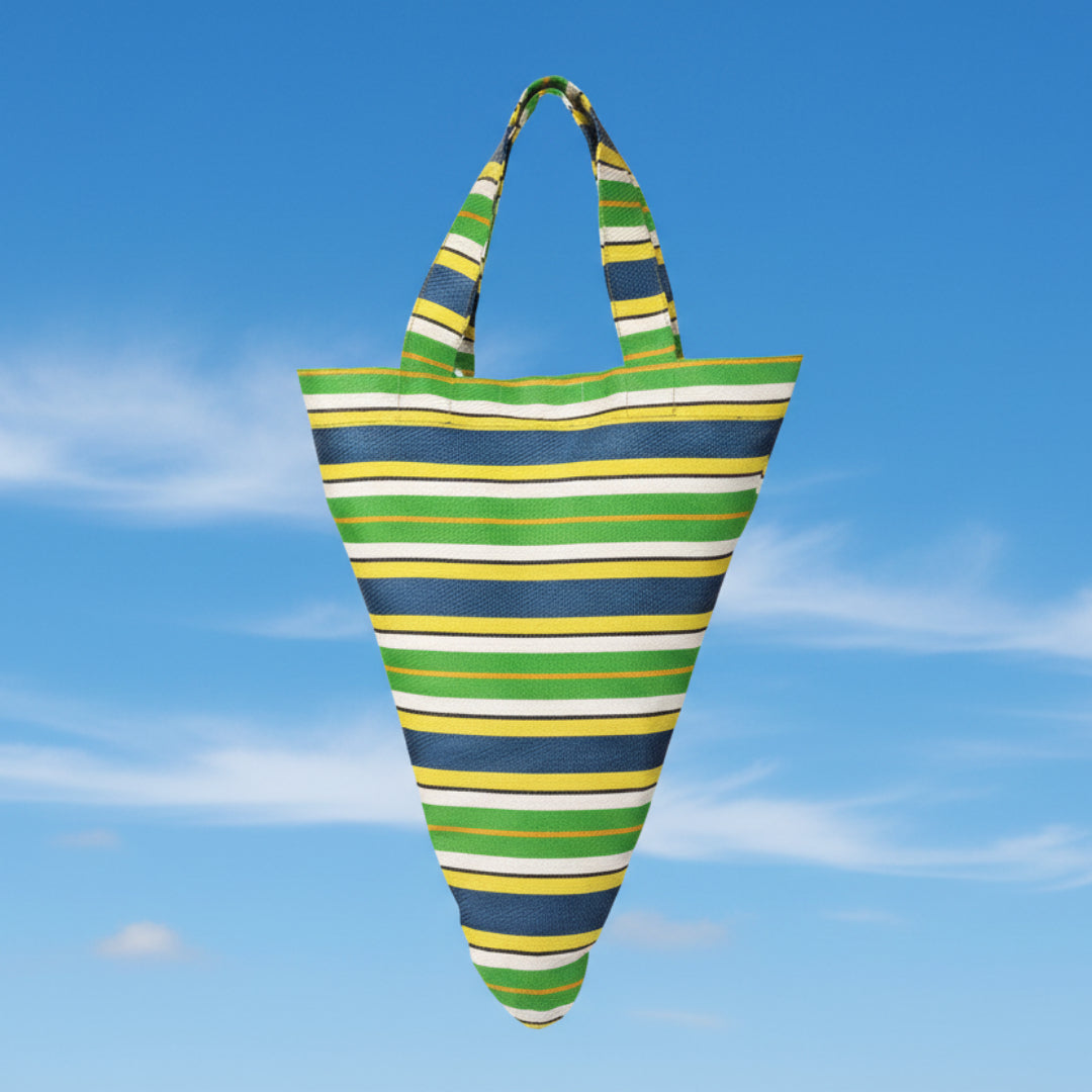 Green striped triangular tote bag with green, yellow, and blue striped pattern (contains 10m bunting string of same design)