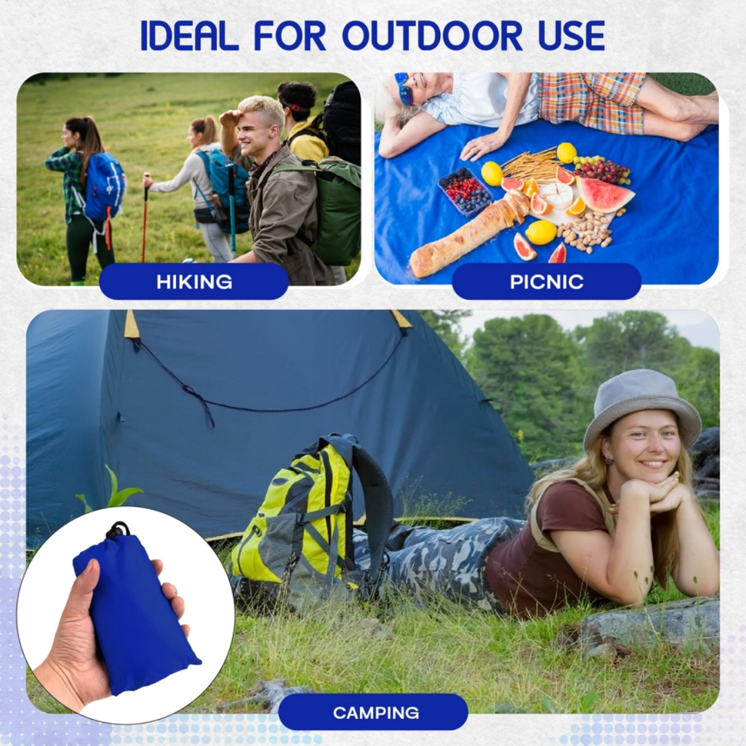 image of blue pocket picnic blanket in three different scenes - hiking, camping and picnic