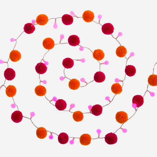 Colorful pom-pom string light in a spiral