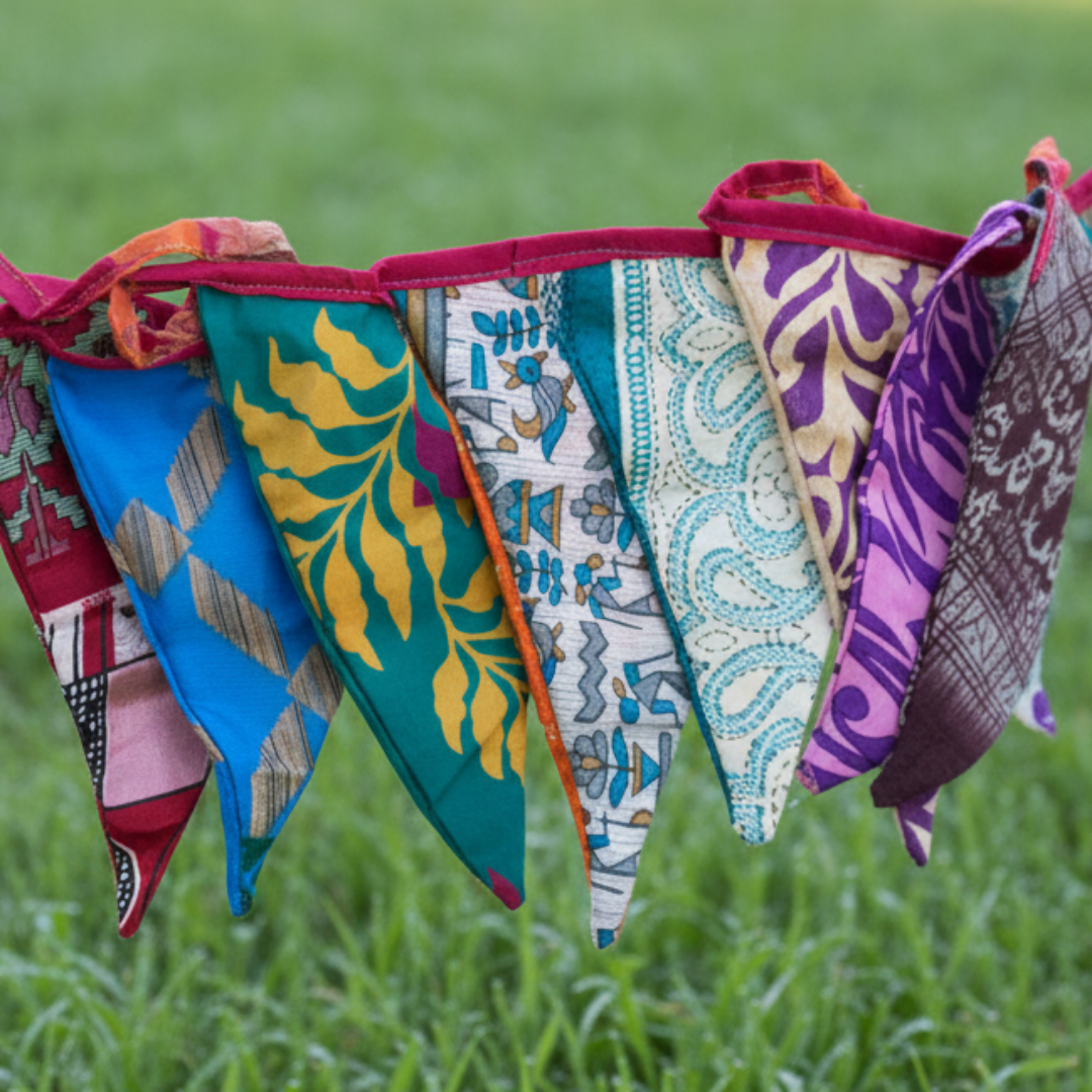 string of multicolour multi-fabric bunting made from recycled saris on a green grass background