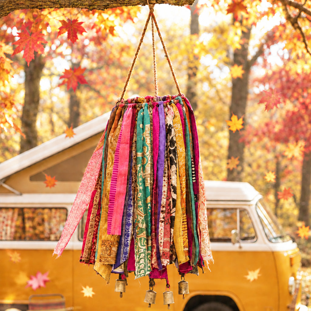 Colorful sari fabrics hanging from a circle with three hanging string and three bells at the bottom.