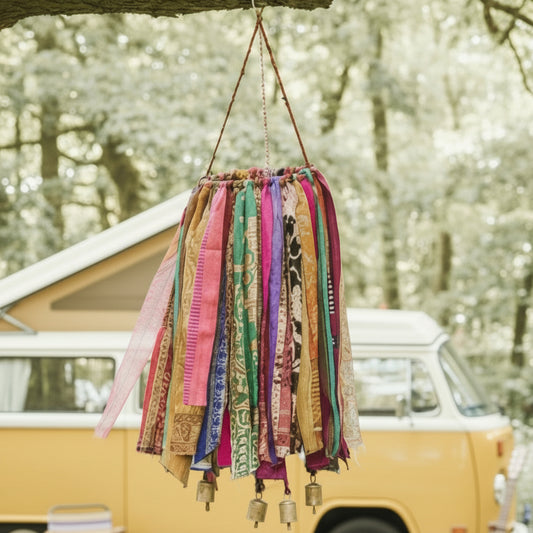 Colorful sari fabrics hanging from a circle with three hanging string and three bells at the bottom.