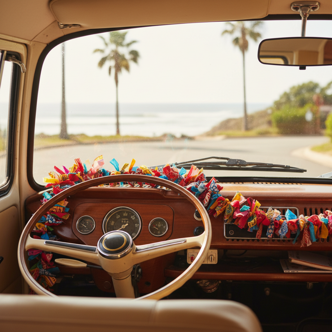 A vintage-style campervan interior with a wood dashboard and steering wheel, decorated with a colorful fabric garlands draped across it, with a scenic coastal road and palm trees visible through the windshield.