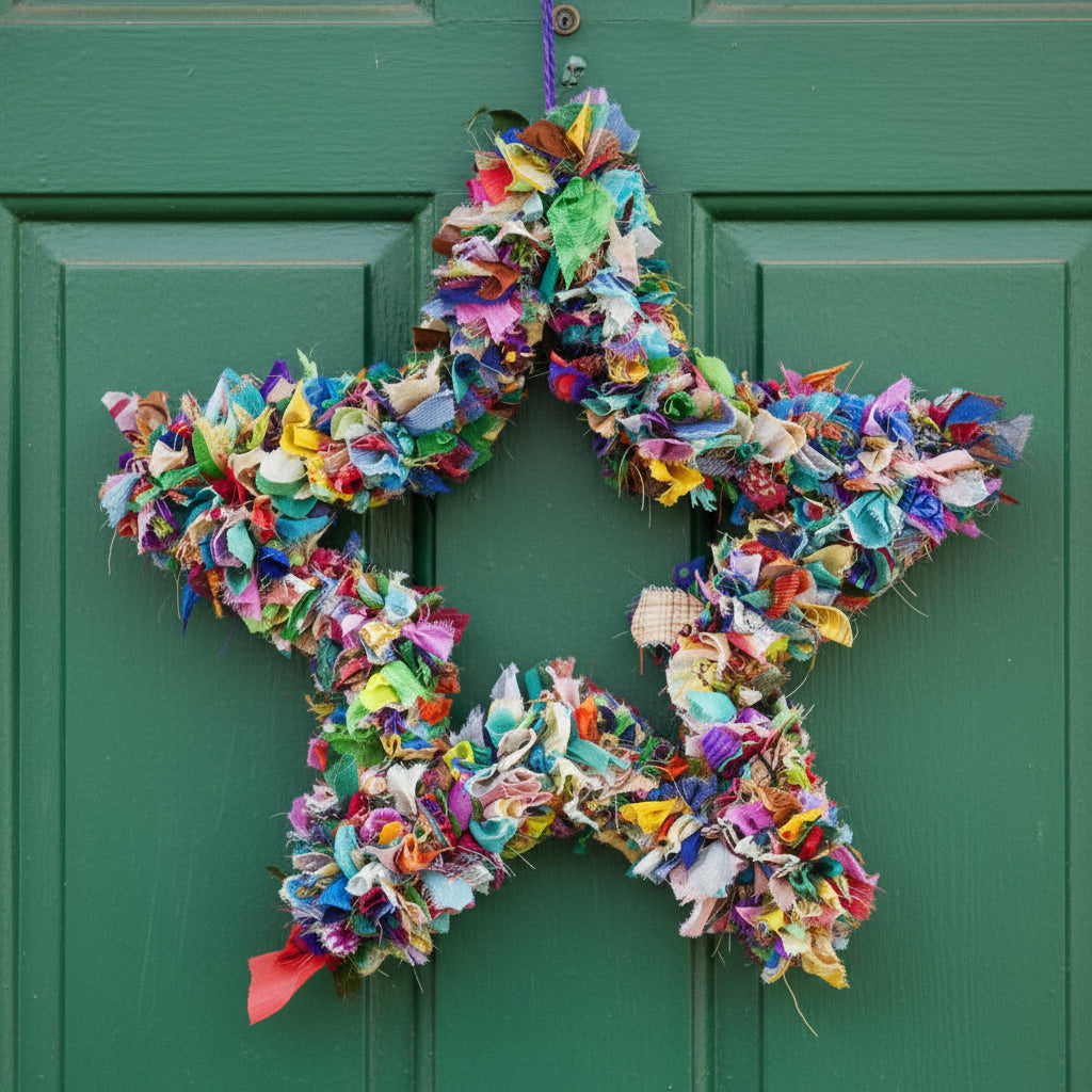 Decorative star wall hanging with colourful recycled sari fabric pieces