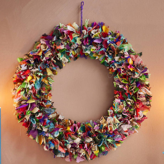 Colorful fabric recycled sari wreath 