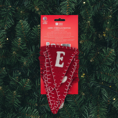 Red Christmas bunting with white letter 'E' on a red packaging label.