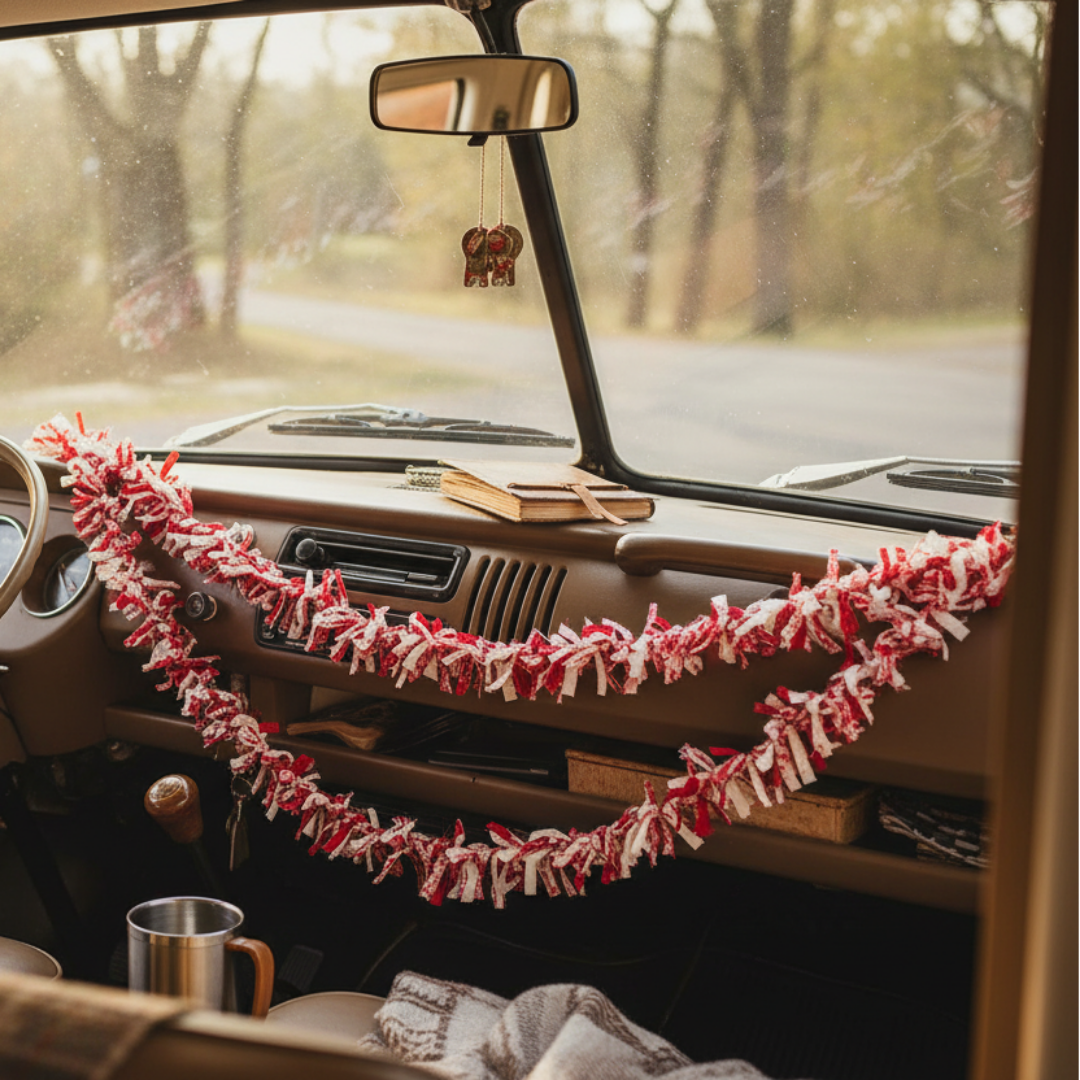 Red and white tinsel garland draped in two curved rows against a plain white background.
