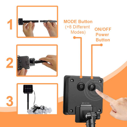 Black electronic device with mode and power buttons, shown with usage instructions on an orange background.