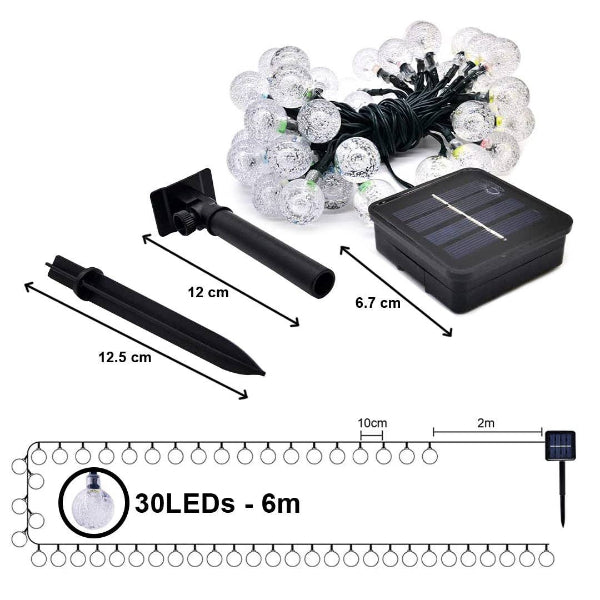 Solar string lights with measurements and components on a white background