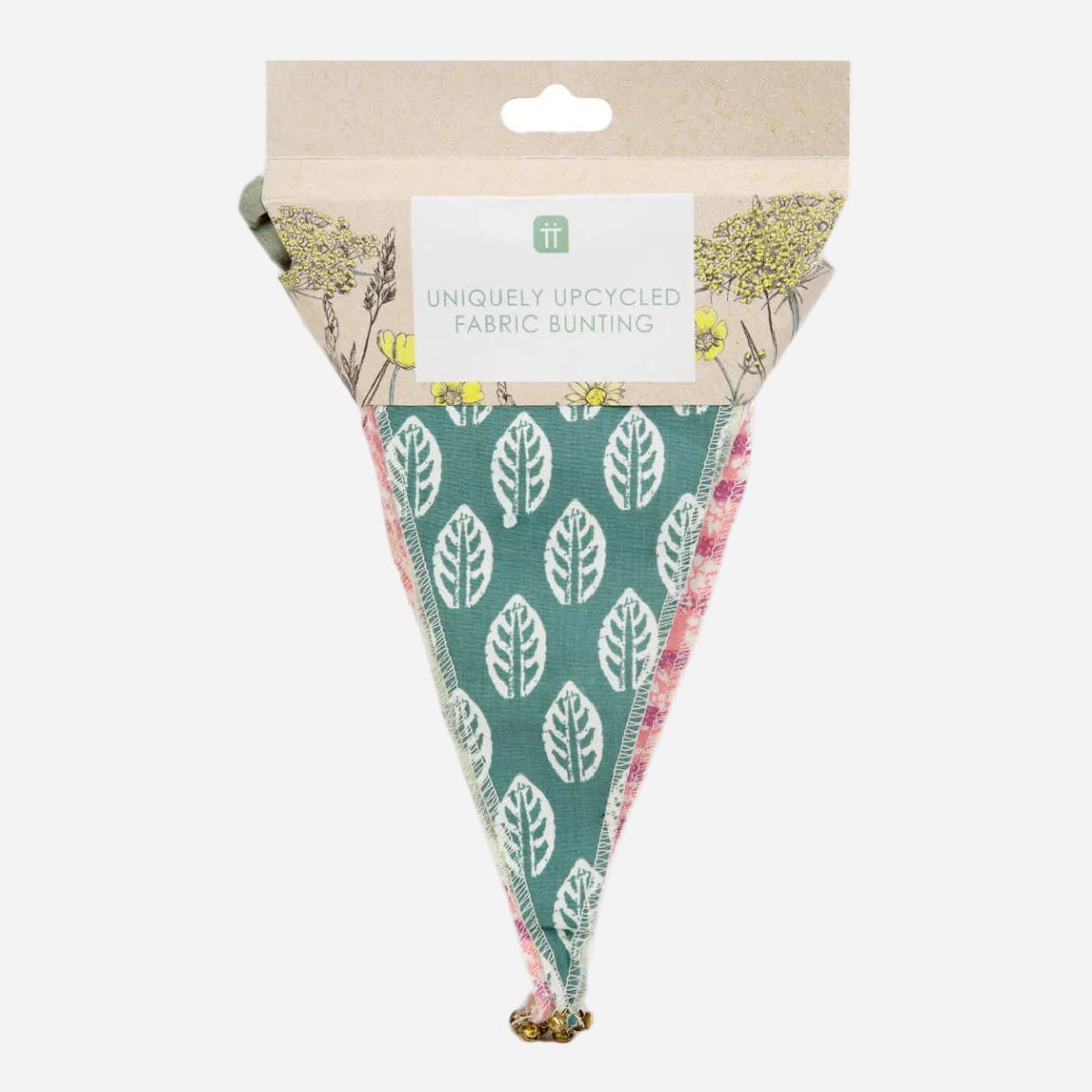 Packaged fabric bunting with leaf pattern on a white background