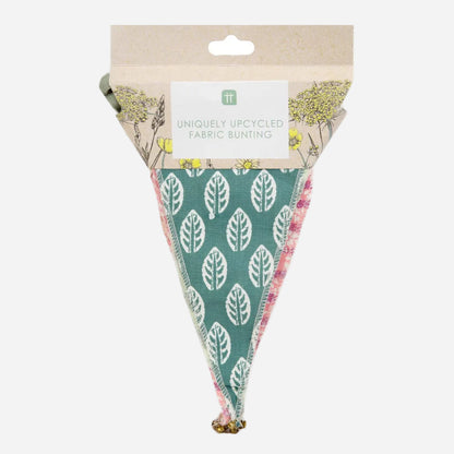 Packaged fabric bunting with leaf pattern on a white background