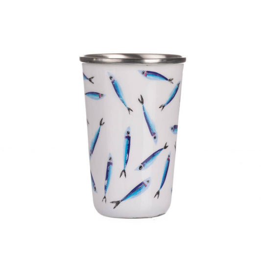 White stainless steel tumbler with blue sardine pattern on a white background.