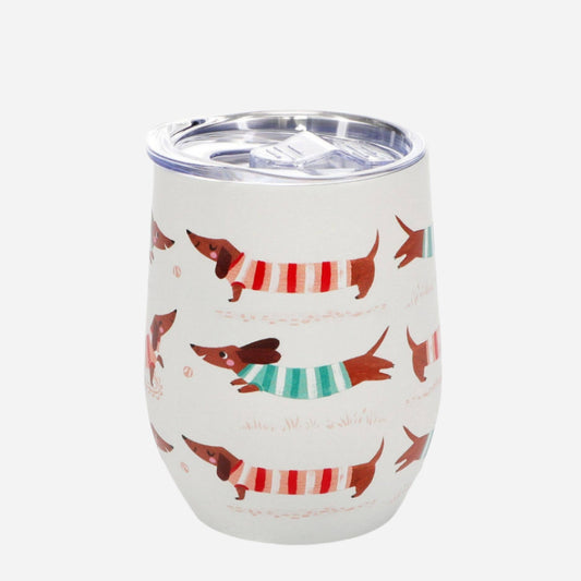 white travel cup with clear plastic lid white coating and sausage dog design