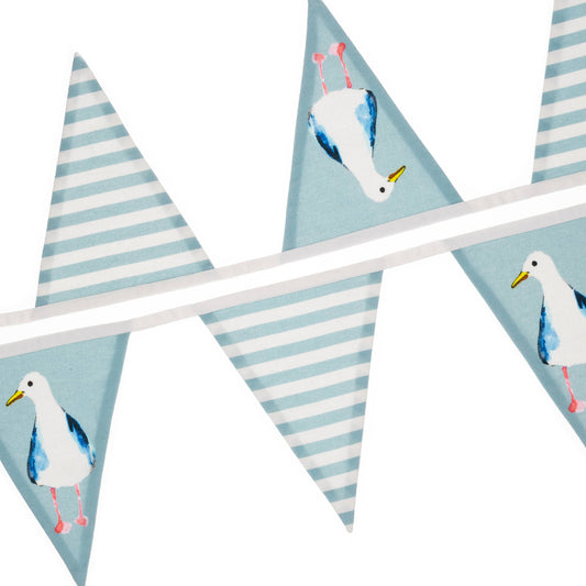 Bunting flags with seagull  and blue stripe designs on a white background