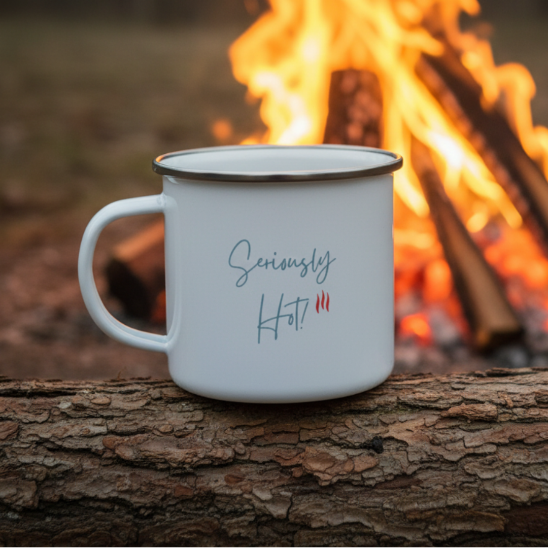 white enamel camping mug with "seriously hot" text in script with heat element in red