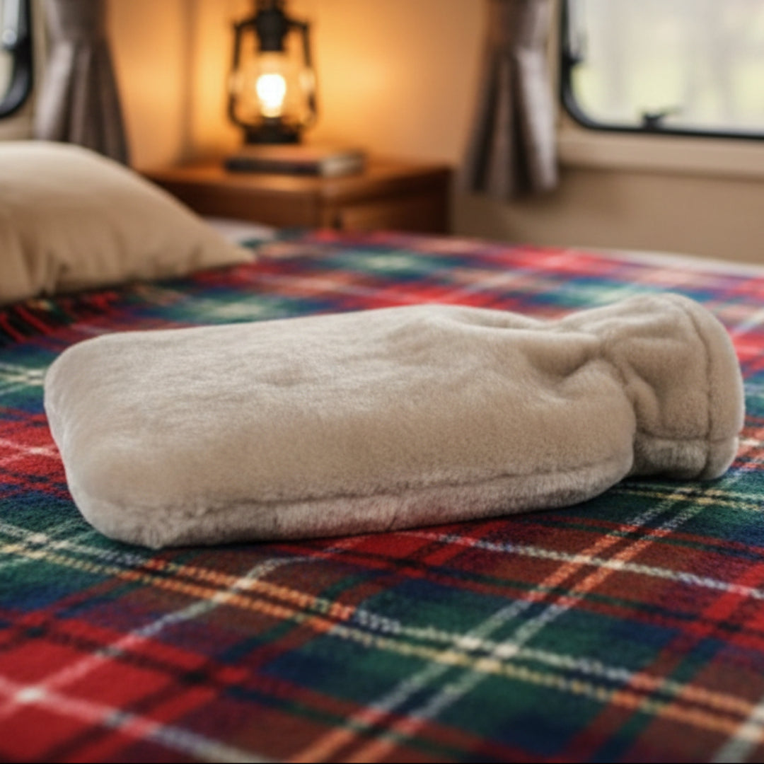 sheepskin hot water bottle beige on tartan blanket with caravan window and camping light in background.