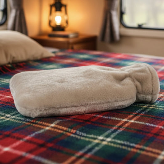 sheepskin hot water bottle beige on tartan blanket with caravan window and camping light in background.