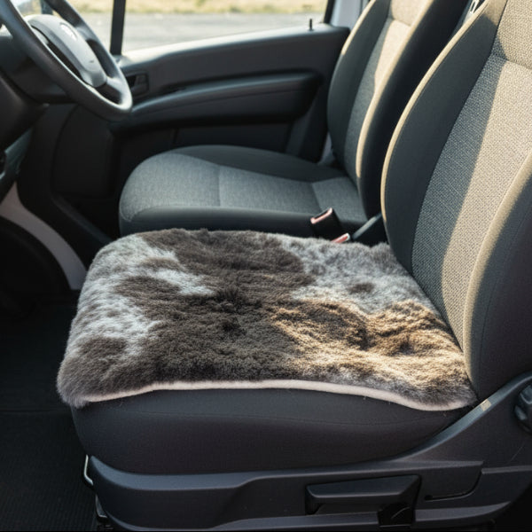 brown and white natural sheepskin seat pad on campervan car seat