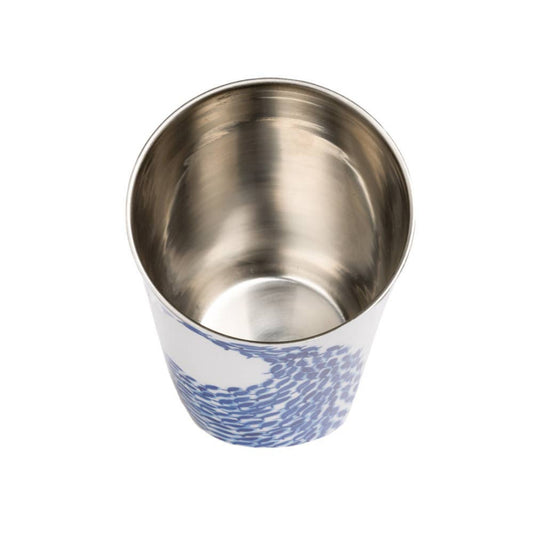 Stainless steel tumbler with blue and white pattern on a white background