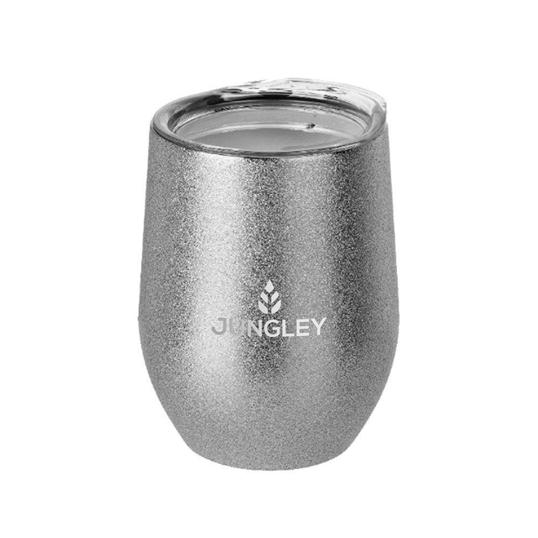 Silver glittery tumbler with 'Jungley' logo on a white background