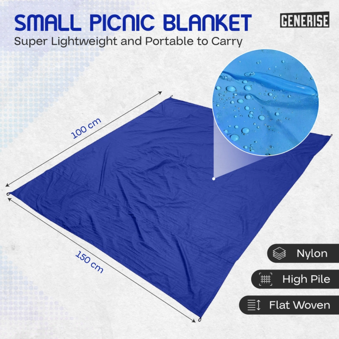 100cm x 150cm blue waterproof picnic blanket on white background with text "small picnic blanket super lightweight and portable to carry