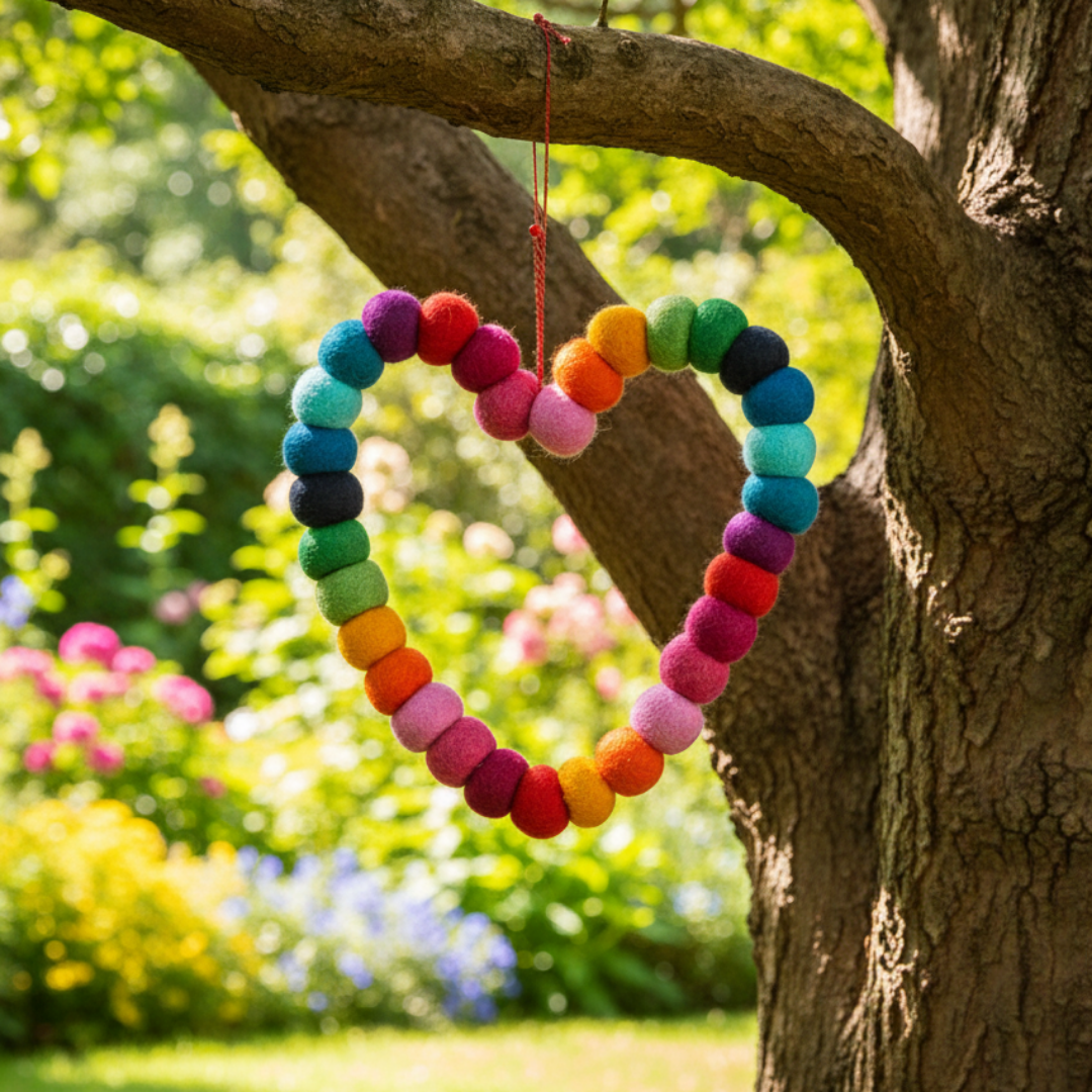 Colorful heart-shaped decoration made of felt beads hanging from a tree branch in a garden.
