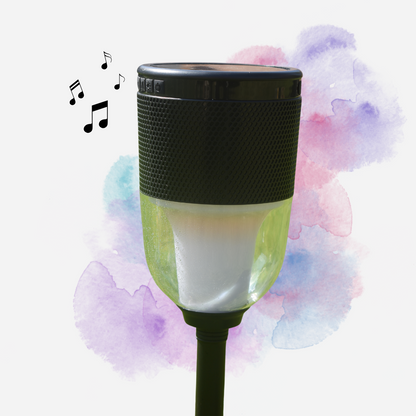 colour-change lantern and speaker with ground spike with colourful background and black musical notes
