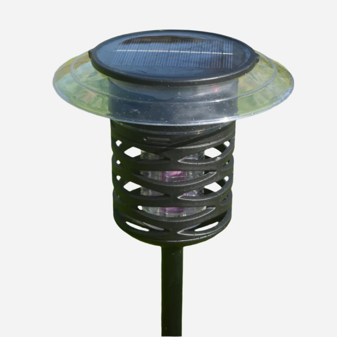 solar powered black plastic casing garden or camping lantern with ground spike containing multi-change light bug zapper