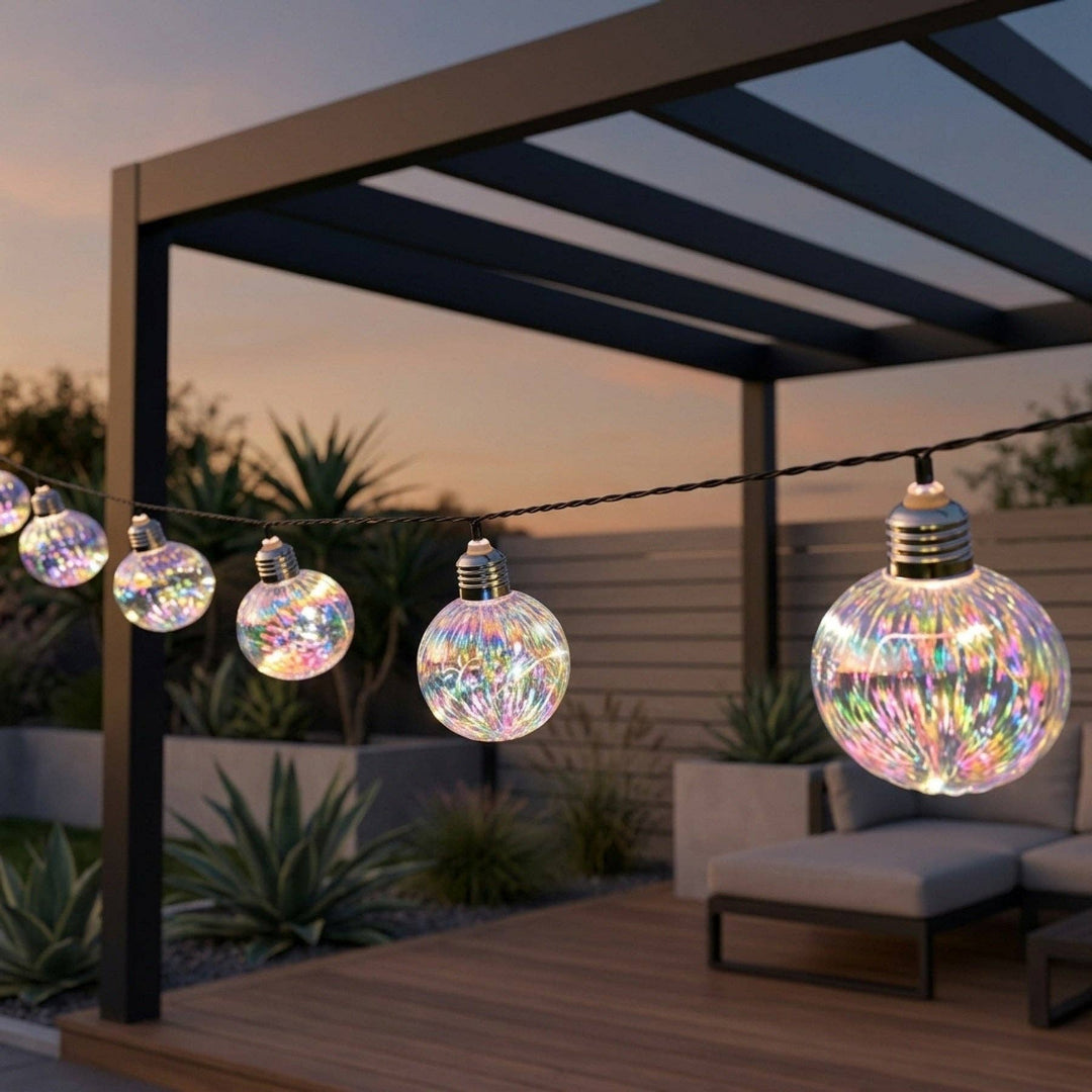 Decorative string lights with colorful rainbow bulbs hanging over a patio area.