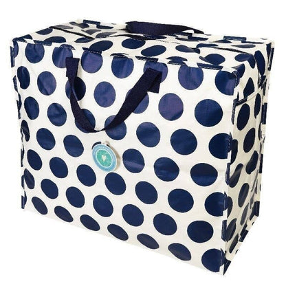 Polka dot tote bag with navy blue dots on a white background
