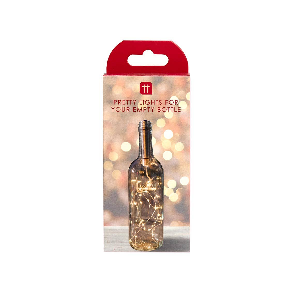 Packaging of bottle lights with a red top and clear body, featuring a blurred background.