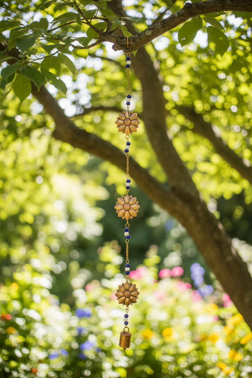 Decorative wind chime with sunflowerdesigns and beads on green tree background.