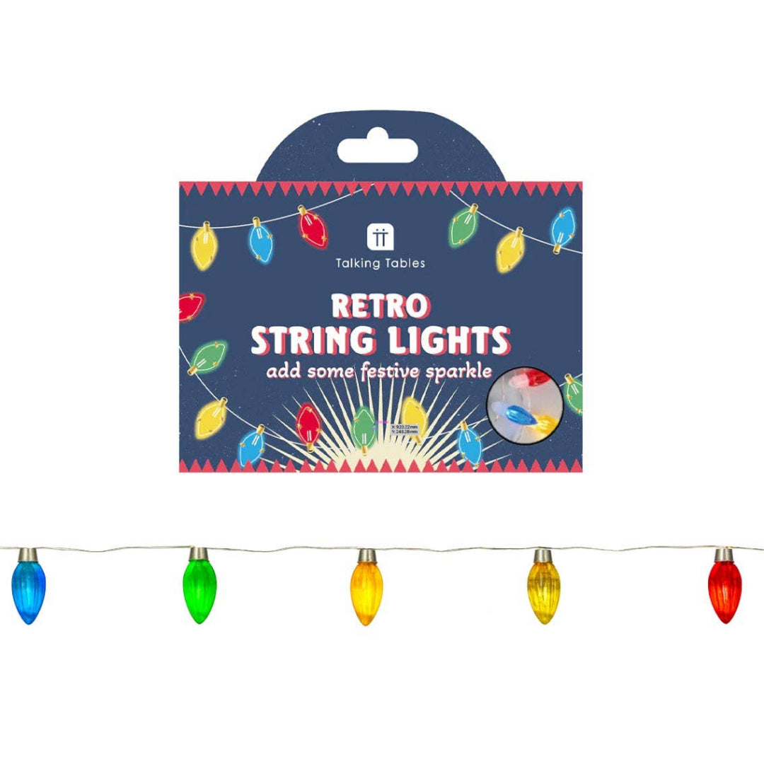 Packaging of Talking Tables retro string lights with colorful bulbs on a white background