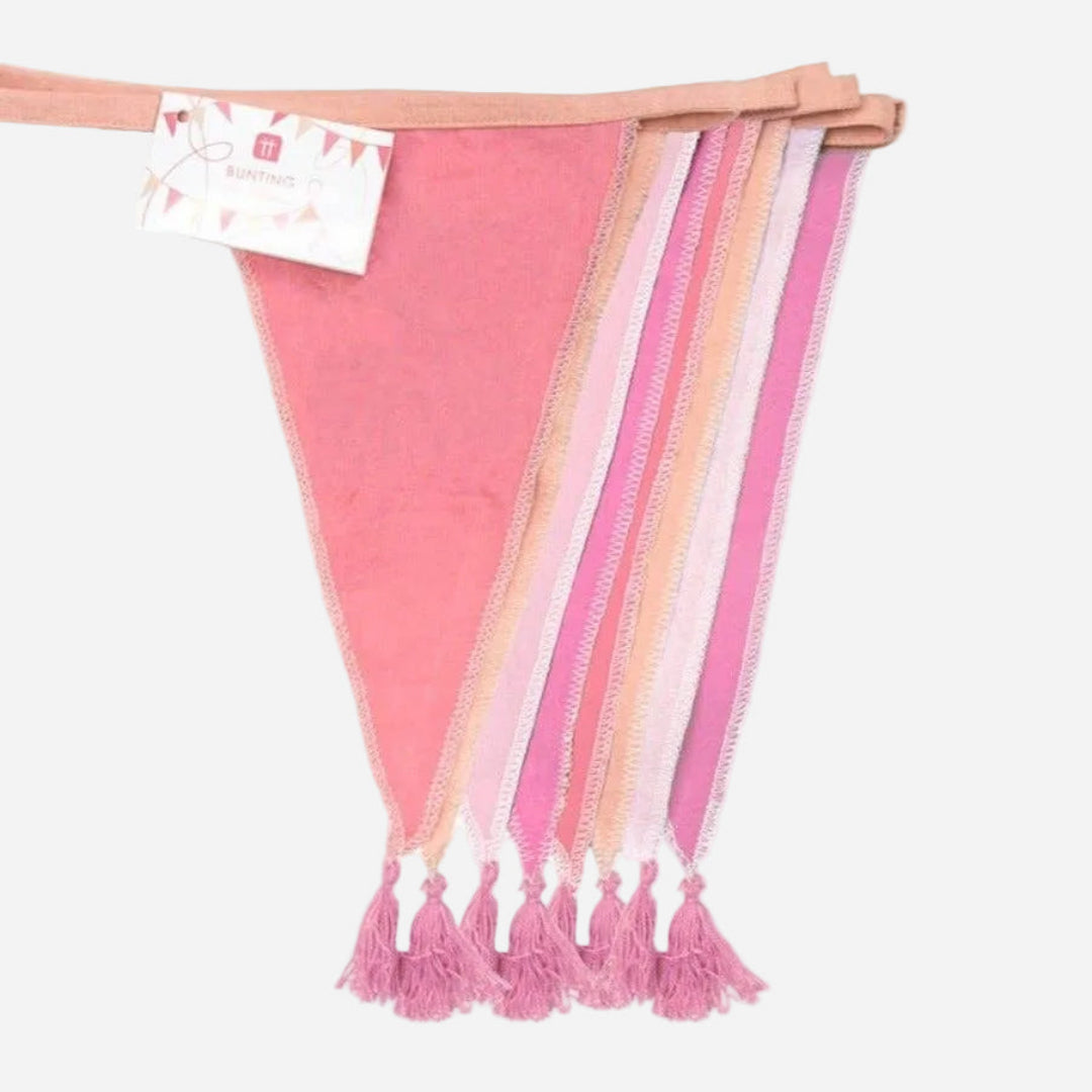 Pink tassels buntingon a light grey background