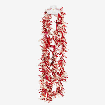 Red and white tinsel garland with a white retail hanger card at the top, shown against a plain white background.