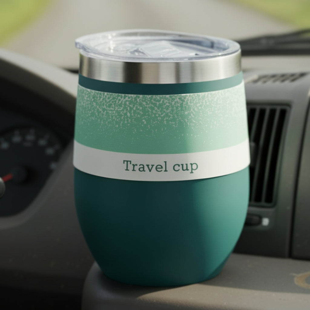 PEtrol blue travel cup with a speckled pattern and white paper band on a car dashboard